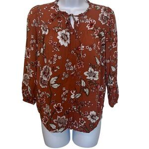 LOFT Outlet EUC Brown Floral Front Tie Button Down Blouse Sz XXSP‎
